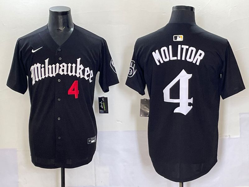 Men 2025 Milwaukee Brewers #4 Molitor Black Five generations Joint Name Nike MLB Jersey style 7